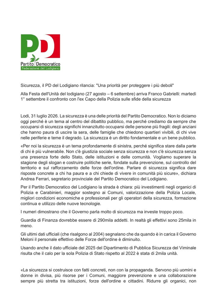 Prima pagina del comunicato stampa del 31 luglio 2026