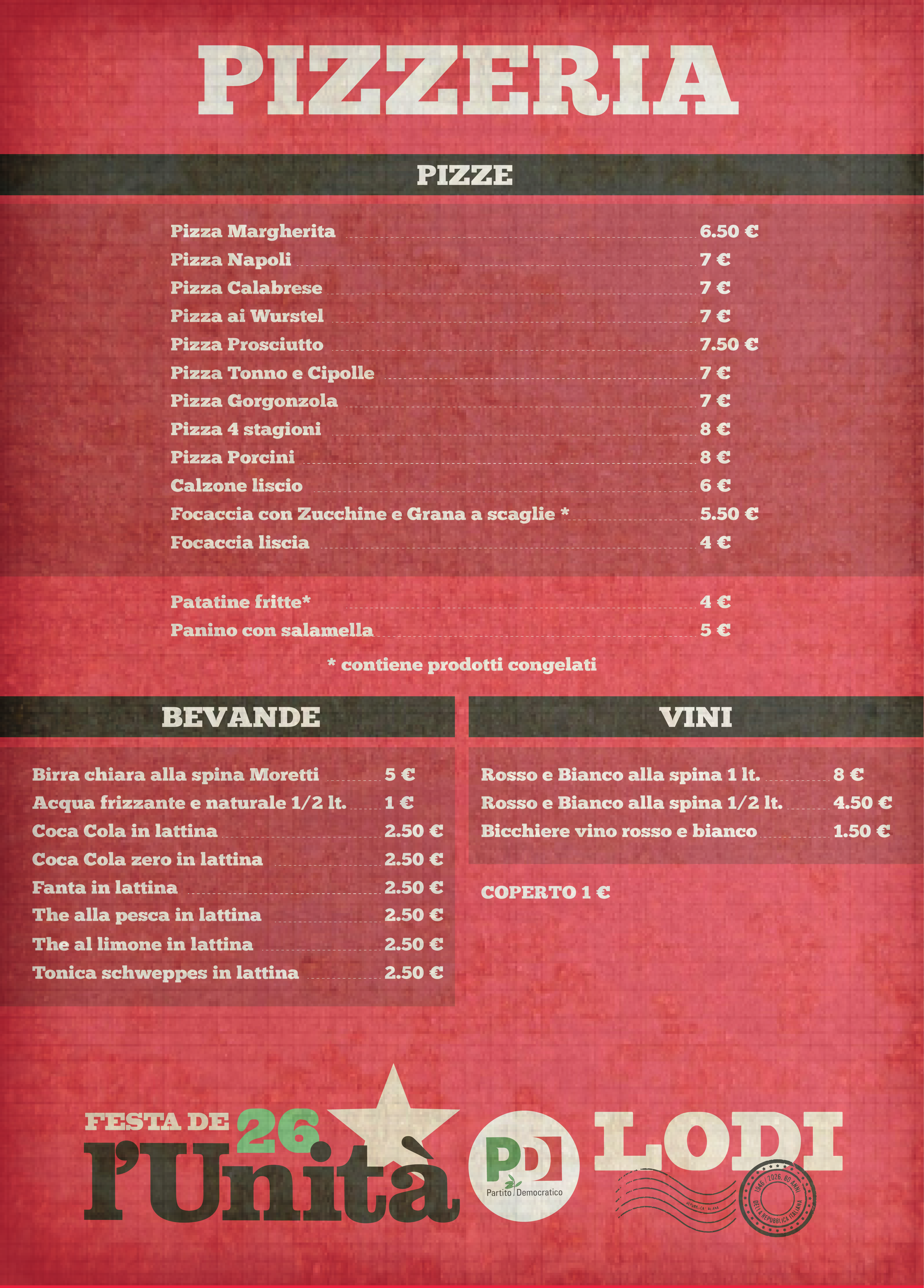 Menù Pizzeria della Festa de l'Unità 2026